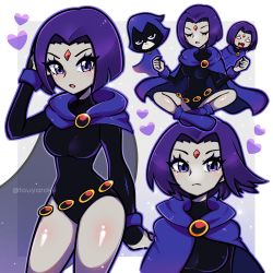 Rule 34 | 1girl, breasts, cape, colored skin, commentary, dc comics, english commentary, closed eyes, forehead jewel, grey skin, heart, highres, indian style, leotard, looking at viewer, medium breasts, open mouth, purple eyes, purple hair, raven (dc), short hair, sitting, teen titans, touyarokii