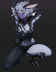 Rule 34 | 1girl, animal ears, arm above head, arm behind head, armpits, asymmetrical legwear, black eyes, breasts, breasts apart, colored sclera, ga bou, ga bow, ga buidhe, gluteal fold, grey background, looking at viewer, mask, medium breasts, mouth mask, natto soup, ninja mask, nintendo, simple background, solo, squatting, thighs, uneven legwear, xenoblade chronicles (series), xenoblade chronicles x, yellow sclera