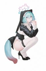 Rule 34 | 1girl, alternate costume, animal ears, bare hips, black footwear, blue archive, blue eyes, blue hair, breasts, collar, crossed bangs, flippy (cripine111), frills, full body, halo, high heels, highres, holding, holding collar, large breasts, light blue hair, looking at viewer, medium breasts, multicolored eyes, multicolored tail, nun, pink eyes, shigure (blue archive), sideboob, simple background, solo, tail, thigh strap, thighhighs, veil, weasel ears, weasel girl, weasel tail, white background