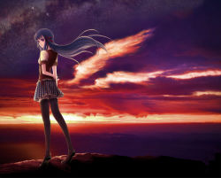 Rule 34 | 1girl, arms behind back, bad id, bad pixiv id, blue hair, cliff, cloud, hair ribbon, long hair, looking back, original, ouka mai, purple eyes, ribbon, scenery, sky, solo, star (sky), star (symbol), starry sky, sunset, thighhighs, very long hair, wind, wings, zettai ryouiki