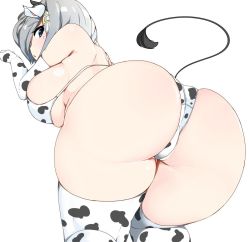 Rule 34 | animal ears, animal print, ass, bikini, breasts, cow ears, cow girl, cow print, cow tail, elbow gloves, from behind, gloves, hair ornament, hair over one eye, hairclip, hamakaze (kancolle), hauto-san, kantai collection, large breasts, print bikini, swimsuit, tail, thighhighs, white background