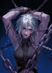 Rule 34 | 1girl, absurdres, aqua hair, arm tattoo, arms up, bare arms, black gloves, blood, blood on face, blue eyes, bound, breasts, chain, chained, chinese commentary, commentary, cropped shirt, fang, gloves, half gloves, highres, jewelry, looking at viewer, medium breasts, medium hair, midriff, necklace, path to nowhere, purple lips, qingci, restrained, shirt, sleeveless, sleeveless shirt, smile, solo, tattoo, tied up (nonsexual), upper body, zoya (path to nowhere)