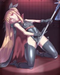 Rule 34 | 00s, 1girl, bardiche (nanoha), belt, between thighs, black bow, black cape, black footwear, black gloves, black leotard, black thighhighs, blonde hair, boots, bow, breasts, cameltoe, cape, choker, eyebrows, fate testarossa, fate testarossa (lightning form), gloves, groin, hair ribbon, holding, holding staff, kneeling, leaning back, leotard, long hair, looking at viewer, lyrical nanoha, magical girl, mahou shoujo lyrical nanoha, on floor, parted lips, red eyes, ribbon, silver bell (artist), skin tight, small breasts, solo, staff, thighhighs, tile floor, tiles, twintails, very long hair