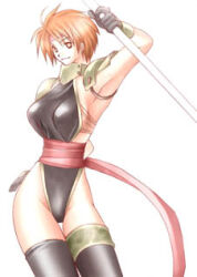 Rule 34 | 1girl, arm up, armor, armpits, backless leotard, bad id, black gloves, black leotard, black thighhighs, breasts, bright pupils, character request, copyright request, gloves, happy, holding, holding staff, holding weapon, leotard, lowres, medium breasts, neck armor, orange hair, pauldrons, red eyes, red sash, rendezvous, sash, short hair, shoulder armor, sideboob, simple background, smile, staff, thighhighs, upper body, weapon, white background