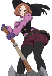 Rule 34 | 1girl, absurdres, ascot, axe, belt, belt buckle, black belt, black eyes, black hat, black pantyhose, brown hair, buckle, buttons, collared shirt, commentary, forehead, gloves, hat, hat feather, highres, holding, holding axe, holding weapon, long sleeves, looking at viewer, okumura haru, pantyhose, parted lips, persona, persona 5, pink shirt, purple gloves, shirt, short hair, simple background, solo, umenituru, weapon, white ascot, white background
