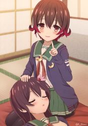 Rule 34 | 2girls, brown hair, commentary request, crescent, crescent pin, cushion, gradient hair, green sailor collar, green skirt, hair ornament, index finger raised, kantai collection, kisaragi (kancolle), lap pillow, long hair, looking at viewer, multicolored hair, multiple girls, mutsuki (kancolle), neckerchief, one-hour drawing challenge, ootori (kyoya-ohtori), pantyhose, pleated skirt, red hair, red neckerchief, remodel (kantai collection), sailor collar, school uniform, seiza, serafuku, short hair, sitting, skirt, sleeping, tatami, twitter username