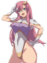 Rule 34 | 1girl, armpits, blue eyes, breasts, chiharu (9654784), covered navel, floating hair, gloves, gundam, gundam seed, gundam seed destiny, hair ornament, highres, large breasts, long hair, meer campbell, no pants, open mouth, parted bangs, pink hair, simple background, smile, solo, star (symbol), upper body, white background, white gloves