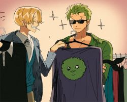 Rule 34 | 2boys, ^ ^, blonde hair, cigarette, closed eyes, clothes shop, green hair, grin, indoors, male focus, marimo, multiple boys, one piece, roronoa zoro, runa (nori31291404), sanji (one piece), smile, sunglasses, trying on clothes