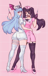 Rule 34 | 2girls, alternate costume, alternate eye color, alternate hair color, alternate hairstyle, arm around waist, ass, black choker, black garter straps, black gloves, black hair, black lips, black thighhighs, blue hair, breasts, capcom, choker, commentary, company connection, crossover, dress, english commentary, eyepatch, eyeshadow, flat ass, full body, garter straps, gloves, han juri, hat, head wings, high heels, holding, holding syringe, large breasts, lipstick, looking at viewer, maddestmao, makeup, morrigan aensland, multiple girls, nurse, nurse cap, one-eyed, overall shorts, overalls, pink footwear, pink headwear, pink lips, short dress, signature, skull and crossbones, street fighter, street fighter v, syringe, thigh strap, thighhighs, thighs, turning head, twintails, vampire (game), white footwear, white headwear, white legwear, wings, yellow eyes, you gonna get raped
