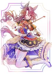 Rule 34 | 1girl, animal ears, boots, bow, brown hair, dress, ear covers, frilled skirt, frills, full body, gloves, hair ornament, highres, himawari himuka, holding, holding instrument, holding violin, horse ears, horse girl, horse tail, instrument, long hair, looking at viewer, multicolored hair, one eye closed, open mouth, purple eyes, purple skirt, single ear cover, skirt, smile, solo, sounds of earth (umamusume), tail, umamusume, violin, white footwear, white gloves, white hair