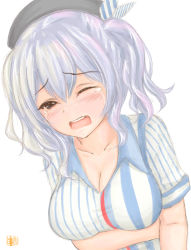 Rule 34 | 10s, 1girl, absurdres, bad id, bad pixiv id, breast hold, breasts, cleavage, collarbone, crying, crying with eyes open, employee uniform, grey eyes, highres, kantai collection, kashima (kancolle), large breasts, lawson, leaning forward, one eye closed, open mouth, pain, shirt, short sleeves, silver hair, simple background, sketch, solo, striped clothes, striped shirt, sweetsoupman, tears, twintails, uniform, upper body, vertical-striped clothes, vertical-striped shirt, wavy hair, white background