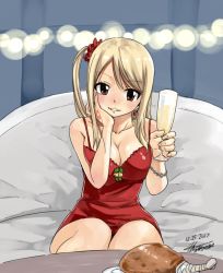 Rule 34 | 1girl, blonde hair, breasts, champagne, champagne flute, cleavage, couch, cup, dated, dress, drinking glass, fairy tail, food, hand tattoo, large breasts, looking at viewer, lucy heartfilia, mashima hiro, meat, parted lips, plate, red dress, side ponytail, sitting, smile, solo, tattoo