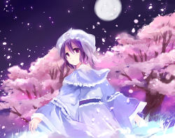 Rule 34 | 1girl, bad id, bad pixiv id, cherry blossoms, female focus, forest, full moon, hat, japanese clothes, looking back, moon, nature, outdoors, petals, pink eyes, pink hair, saigyouji yuyuko, sky, solo, touhou, tree, ume (plumblossom)