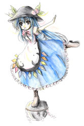 Rule 34 | 1girl, balancing, blue hair, female focus, food, fruit, full body, hat, hinanawi tenshi, keystone, kurona, long hair, outstretched arms, peach, rope, shide, shimenawa, simple background, solo, spread arms, standing, standing on one leg, touhou, white background