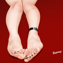 Rule 34 | 1girl, anklet, artist name, barefoot, black nails, boku no hero academia, chinese commentary, commentary, commentary request, dorsiflexion, easonx, english commentary, feet, feet only, foot focus, foreshortening, highres, jewelry, mixed-language commentary, nail polish, red background, simple background, solo, toenail polish, toenails, toes, toga himiko