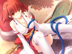Rule 34 | 1girl, ayase hazuki, bare shoulders, breasts, cleavage, game cg, grand cru bourgeois, hose, japanese clothes, large breasts, legs, looking up, miko, momose nonoa, nukidoki!, orange eyes, red hair, short hair, sitting, skirt, solo, tears, thighs, water, wet, wet clothes, white legwear