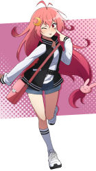 Rule 34 | 1girl, :3, ;p, alternate costume, antenna hair, rabbit hair ornament, casual, commentary request, crescent, crescent hair ornament, full body, hair ornament, highres, jacket, kantai collection, letterman jacket, long hair, long sleeves, looking at viewer, low-tied long hair, nel-c, one eye closed, pink background, pink hair, polka dot, polka dot background, red eyes, shoes, shorts, sneakers, solo, standing, standing on one leg, tongue, tongue out, two-tone background, uzuki (kancolle), very long hair, white background