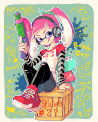 Rule 34 | 1girl, :d, alternate hairstyle, arm support, black pantyhose, blue eyes, blue skirt, blunt bangs, box, denim, denim skirt, drawing, english text, full body, game console, headphones, holding, holding weapon, inkling, inkling girl, inkling player character, jellyfish (splatoon), judd (splatoon), layered sleeves, liruty, long hair, long sleeves, looking at viewer, nintendo, on box, open mouth, pantyhose, pencil skirt, pink hair, pointy ears, print shirt, raglan sleeves, red footwear, shirt, shoes, short over long sleeves, short sleeves, sitting, sitting on box, skirt, smile, sneakers, splat roller (splatoon), splatoon (series), splatoon 1, splattershot (splatoon), spyke (splatoon), striped clothes, striped shirt, suction bomb (splatoon), tentacle hair, torn clothes, torn legwear, twintails, weapon, wii u