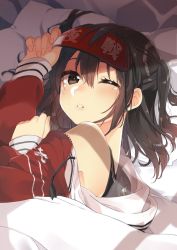 Rule 34 | 10s, 1girl, blanket, blindfold, blush, brown eyes, brown hair, hair between eyes, kantai collection, koruri, looking at viewer, lying, messy hair, multiple girls, off shoulder, on side, one eye closed, open mouth, parted lips, sendai (kancolle), sleep mask, sleepy, solo, two side up, under covers