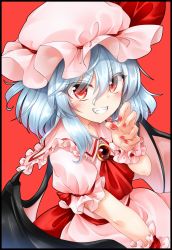 Rule 34 | 1girl, ascot, bat wings, black border, blue hair, blush, border, bow, brooch, commentary request, dress, frilled shirt collar, frills, grin, hair between eyes, hat, hat bow, highres, jewelry, looking at viewer, marukyuu ameya, mob cap, nail polish, pink dress, puffy short sleeves, puffy sleeves, red ascot, red background, red bow, red eyes, red sash, remilia scarlet, sash, short hair, short sleeves, simple background, skirt, skirt set, smile, solo, touhou, white hat, wings, wrist cuffs