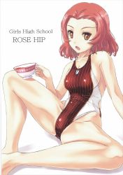 Rule 34 | 10s, 1girl, arm support, bare shoulders, breasts, brown eyes, character name, competition swimsuit, english text, girls und panzer, highres, leaning back, looking at viewer, nenchi, one-piece swimsuit, open mouth, parted lips, red hair, rosehip (girls und panzer), scan, short hair, sideboob, simple background, sitting, solo, spread legs, swimsuit, white background