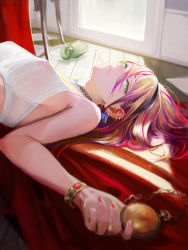 Rule 34 | 1girl, absurdres, bare shoulders, blonde hair, blurry, bra, bracelet, breasts, choker, depth of field, earrings, eyelashes, green eyes, hairband, highres, holding, holding pocket watch, jewelry, looking at viewer, lying, multicolored hair, nababa, nail polish, nipples, original, pink hair, pocket watch, see-through, solo, underwear, watch