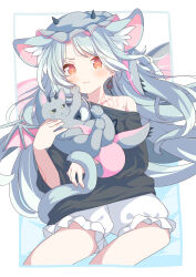 Rule 34 | 1girl, animal ear fluff, animal ears, bare shoulders, black shirt, bloomers, blush, closed mouth, commission, daidai ookami, feet out of frame, grey hair, grey hat, highres, horns, long hair, mini wings, off shoulder, orange eyes, original, pink wings, shirt, skeb commission, solo, underwear, very long hair, white bloomers, winged animal, wings