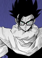 Rule 34 | 1boy, absurdres, blue background, commentary request, dragon ball, dragon ball super, dragon ball super super hero, frown, glasses, green eyes, greyscale, hatching (texture), highres, liedein, male focus, monochrome, serious, shoulder pads, signature, solo, son gohan, spot color, upper body