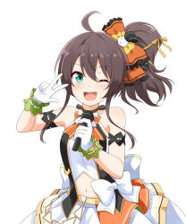 Rule 34 | 1girl, absurdres, ahoge, arm strap, blush, bow, brown hair, collared shirt, commentary request, felutiahime, gloves, green eyes, hair between eyes, hair bow, highres, hololive, looking at viewer, natsuiro matsuri, navel, official alternate costume, one eye closed, open mouth, orange bow, ponytail, shirt, simple background, sleeveless, solo, v, virtual youtuber, white background, white gloves