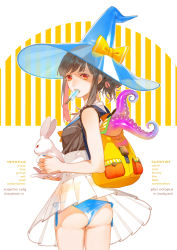 Rule 34 | 1girl, ass, backpack, bag, bikini, bikini bottom only, blue bikini, blue nails, bow, brown hair, brown shirt, cowboy shot, english text, food, from behind, hat, highres, holding, looking at viewer, looking back, mirrored text, mole, mole under eye, mouth hold, nail polish, orange eyes, original, pleated skirt, popsicle, rabbit, red eyes, see-through, shirt, side-tie bikini bottom, skirt, sleeveless, sleeveless shirt, solo, swimsuit, tentacles, uryoko, white background, witch, witch hat, yellow bow