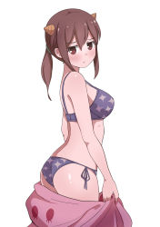 Rule 34 | 1girl, :t, absurdres, ass, bad id, bad pixiv id, bare arms, bare shoulders, blush, bra, breasts, brown eyes, brown hair, closed mouth, cosplay, hair between eyes, highres, horns, kigurumi, long hair, looking at viewer, looking to the side, medium breasts, original, panties, pout, print bra, print panties, purple bra, purple panties, shiny skin, side-tie panties, simple background, solo, sparkle print, surio, twintails, underwear, white background