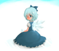 Rule 34 | 1girl, bad id, bad pixiv id, blue eyes, blue hair, cirno, dress, female focus, gradient background, ica, ice, matching hair/eyes, short hair, solo, touhou, white background, wings