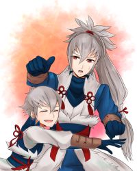 Rule 34 | 2boys, chlxms, closed eyes, father and son, fire emblem, fire emblem fates, gloves, grey hair, kiragi (fire emblem), long hair, male focus, multiple boys, nintendo, open mouth, ponytail, red eyes, simple background, takumi (fire emblem), white background
