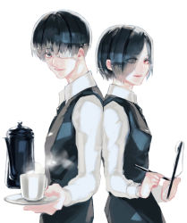Rule 34 | 1boy, 1girl, back-to-back, black hair, black vest, brown eyes, closed mouth, coffee cup, coffee mug, collared shirt, commentary, cup, disposable cup, eyes visible through hair, foreshortening, hair over one eye, highres, holding, holding cup, holding notepad, holding pen, holding plate, kaneki ken, kirishima touka, koujima shikasa, long sleeves, looking at viewer, mug, notepad, pen, plate, shirt, smile, steam, symbol-only commentary, tokyo ghoul, vest, white background, white shirt