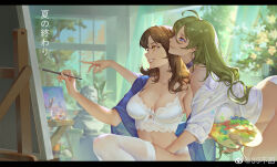 Rule 34 | 2girls, 39 bukun, ahoge, blue eyes, blurry, blurry background, bra, branch, breasts, brown hair, bust (sculpture), canvas (object), chinese commentary, choker, cleavage, closed mouth, commentary, depth of field, eyeshadow, feet out of frame, flower, green curtains, green hair, grin, hair between eyes, highres, holding, holding paintbrush, holding palette, indoors, kneeling, large breasts, leaning forward, letterboxed, lips, long hair, looking ahead, looking at object, makeup, medium hair, mole, mole under eye, multiple girls, original, outstretched arm, paint on clothes, paintbrush, painting (action), painting (object), palette (object), panties, profile, purple choker, purple eyeshadow, shirt, sitting, smile, thighhighs, translated, underwear, weibo logo, weibo username, white bra, white flower, white panties, white shirt, white thighhighs, window, yellow eyes, yuri