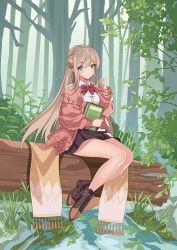 Rule 34 | 1girl, absurdres, arm up, black skirt, blonde hair, blue eyes, book, bow, bowtie, breasts, brown footwear, cardigan, collared shirt, commentary request, crossed ankles, eyes visible through hair, feng shao kky (arj0522), highres, holding, holding book, log, long hair, long sleeves, medium breasts, nature, original, outdoors, pink cardigan, plant, red neckwear, school uniform, shirt, sidelocks, sitting, skirt, thighs, tree, uniform, water, white shirt