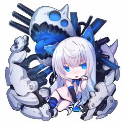 Rule 34 | 1girl, absurdly long hair, animal ears, asymmetrical gloves, black gloves, black panties, blue hair, bottomless, cannon, chibi, collar, colored skin, fake animal ears, full body, gloves, half gloves, kneeling, long hair, looking at viewer, machinery, navel, no pants, pachina (warship girls r), panties, paw pose, shenbei xiaoqiu, simple background, single thighhigh, solo, spiked collar, spikes, striped clothes, striped thighhighs, thighhighs, tongue, tongue out, underwear, uneven gloves, very long hair, warship girls r, white background, white hair, white skin