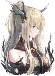 Rule 34 | 1girl, arknights, bare shoulders, blonde hair, breasts, brown eyes, commentary, highres, horns, large breasts, long hair, off shoulder, ponytail, shining (arknights), shining (silent night) (arknights), sikinose val, simple background, solo, upper body, white background