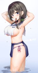 Rule 34 | 1girl, armpits, arms behind head, arms up, bare arms, bare shoulders, bikini, black hair, blouse, blue eyes, blue skirt, blush, breasts, brown hair, crop top, crop top overhang, from side, hair ornament, hair over shoulder, hair scrunchie, highres, kuria (clear trip second), large breasts, leg tattoo, long hair, looking at viewer, low twintails, medium hair, midriff, miniskirt, mole, mole under eye, mouth hold, navel, no bra, original, pelvic curtain, pleated skirt, purple bikini, red ribbon, revealing clothes, ribbon, sailor collar, scrunchie, shirt, side-tie bikini bottom, sideboob, simple background, skirt, sleeveless, sleeveless shirt, solo, string bikini, swimsuit, tattoo, thighs, twintails, underboob, wading, water, wet, white background, white shirt