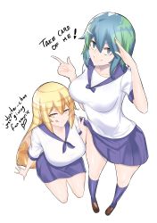 Rule 34 | 2girls, :q, absurdres, assisted exposure, aster crowley, blonde hair, blue eyes, blue hair, breasts, brown hair, clothes lift, earth-chan, earth hair, english text, from above, green hair, highres, jupiter-chan, kneehighs, large breasts, loafers, long hair, looking at viewer, medium breasts, miniskirt, multiple girls, naughty face, original, school uniform, serafuku, shoes, short hair, short sleeves, simple background, skirt, skirt lift, smile, socks, standing, tongue, tongue out, very long hair, white background, yellow eyes