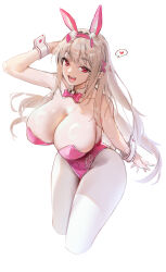 Rule 34 | 1girl, animal ears, bare shoulders, blonde hair, blush, bow, bowtie, breasts, cleavage, detached collar, fake animal ears, fake tail, goddess of victory: nikke, highres, horns, large breasts, leotard, long hair, looking at viewer, open mouth, pantyhose, pink eyes, pink horns, pink leotard, playboy bunny, rabbit ears, rabbit tail, smile, solo, tail, thighs, viper (nikke), viper (toxic rabbit) (nikke), white pantyhose, wrist cuffs, zhudouzi