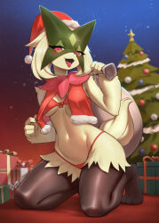 Rule 34 | 1girl, :3, absurdres, animal feet, animal nose, azuuart, barefoot, bikini, black fur, blush, body fur, bow, bow bikini, box, breasts, cat girl, christmas, christmas tree, creatures (company), cropped vest, fang, feet, female focus, full body, fur-trimmed headwear, fur-trimmed vest, fur trim, furry, furry female, game freak, gift, gift box, green fur, green hair, groin, half-closed eyes, hands up, happy, hat, highres, holding, holding sack, kneeling, looking at viewer, meowscarada, navel, nintendo, open clothes, open mouth, open vest, pokemon, pokemon (creature), red bikini, red eyes, red hat, red vest, sack, santa hat, shiny skin, short hair, slit pupils, small breasts, smile, solo, stomach, string bikini, swimsuit, tail, thighs, tongue, tongue out, two-tone background, two-tone fur, vest