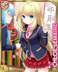 Rule 34 | 2girls, banner, blonde hair, blue eyes, blue hair, blue jacket, bow, card, character name, chloe lemaire, closed mouth, day, girlfriend (kari), indoors, jacket, long hair, multiple girls, official art, pink shirt, plaid, plaid skirt, qp:flapper, red bow, red neckwear, red skirt, school uniform, shirt, skirt, smile, sunset, tagme