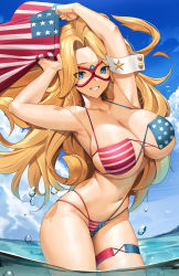 Rule 34 | 1girl, american flag, american flag bikini, armband, armpits, arms up, bikini, blonde hair, blue eyes, blue sky, breasts, cloud, commentary, day, english commentary, eye mask, eyepatch bikini, eyes visible through hair, flag print, from side, grin, halterneck, highleg, highleg bikini, highres, kamen america, kamen america (comic), large breasts, long hair, looking at viewer, micro bikini, multi-strapped bikini, narrow waist, navel, outdoors, parted bangs, partially submerged, partially underwater shot, pinup (style), skindentation, sky, smile, solo, string bikini, swimsuit, thigh strap, thighs, tony guisado, underwater, very long hair, wading, water, water drop, wavy hair, wide hips