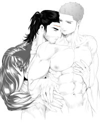Rule 34 | 2boys, abs, absurdres, arm tattoo, bara, beard stubble, completely nude, cor leonis, couple, cropped torso, eriurias73, facial hair, feeling muscles, final fantasy, foreplay, gladiolus amicitia, greyscale, head on another&#039;s shoulder, heads together, highres, large pectorals, male focus, mature male, medium hair, medium sideburns, monochrome, multiple boys, muscular, muscular male, navel, nipples, nude, pectorals, scar, scar on face, scar on forehead, short hair, standing, stomach, stubble, tattoo, thick eyebrows, yaoi