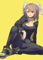 Rule 34 | 1girl, absurdres, arm on knee, asymmetrical bangs, black bodysuit, black choker, black jacket, blonde hair, blue eyes, bodysuit, breast tattoo, breasts, choker, cleavage, collarbone, eunie (xenoblade), gradient background, green hoodie, head wings, highres, hood, hood down, hoodie, jacket, knee up, large breasts, leather, leather jacket, long hair, open clothes, open jacket, open mouth, shoes, sitting, sneakers, solo, tattoo, white wings, wings, xenoblade chronicles (series), xenoblade chronicles 3, yatai (ya2taic), yellow background