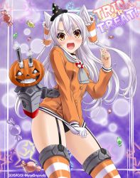 Rule 34 | 10s, 1girl, 2015, alternate color, amatsukaze (kancolle), black panties, blush, candy, covering crotch, covering privates, cowboy shot, dated, dress, dress tug, food, garter straps, gloves, hair tubes, halloween, hat, jack-o&#039;-lantern, kantai collection, long hair, looking at viewer, mini hat, neko danshaku, open mouth, panties, pantyshot, purple background, rensouhou-kun, short dress, silver hair, single glove, solo, standing, star (symbol), striped clothes, striped thighhighs, thighhighs, trick or treat, twitter username, two side up, underwear, witch hat