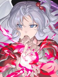 Rule 34 | 1girl, annindofu umaaa, blue eyes, capelet, casting spell, commentary request, dress, grey hair, hair bobbles, hair ornament, highres, long hair, long sleeves, looking at viewer, one side up, open mouth, parted bangs, red capelet, red dress, shinki (touhou), shirt, solo, touhou, touhou (pc-98), twitter username, upper body, white shirt