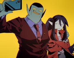 Rule 34 | 1boy, 1girl, adventure time, arm up, black hair, cellphone, father and daughter, formal, frown, grin, hunson abadeer, jacket, marceline abadeer, necktie, phone, pointy ears, raya (uk 0128), selfie, smartphone, smile, suit, yellow background