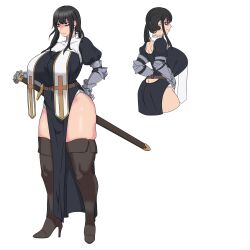 1girl absurdres amx1375 back_cutout bags_under_eyes black_eyes black_hair boots breasts brown_footwear closed_mouth clothing_cutout commentary_request from_behind full_body gauntlets highres holding holding_sword holding_weapon korean_commentary large_breasts long_hair multiple_views original pelvic_curtain ponytail puffy_sleeves sheath sheathed sidelocks simple_background standing sword thigh_boots weapon white_background